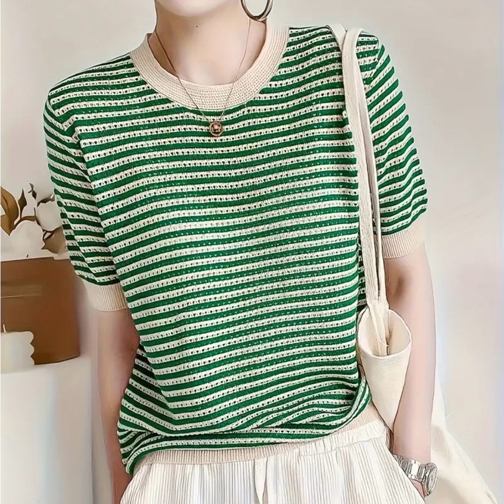 Green and Cream Striped Short Sleeve Sweater - Picture 2 of 6